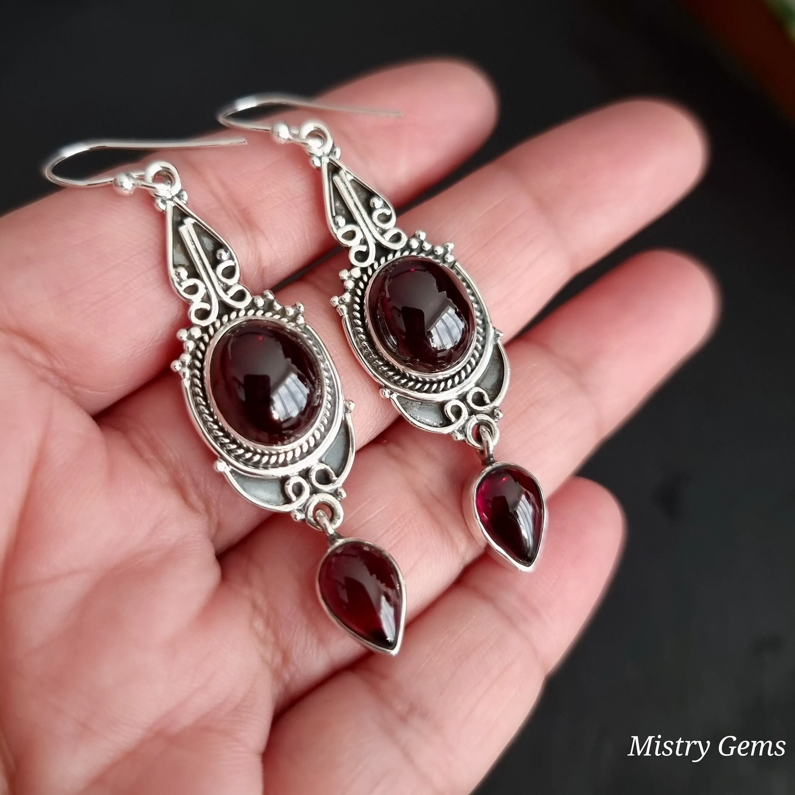 Garnet Long Oxidised 925 Silver Boho Earrings, E38G