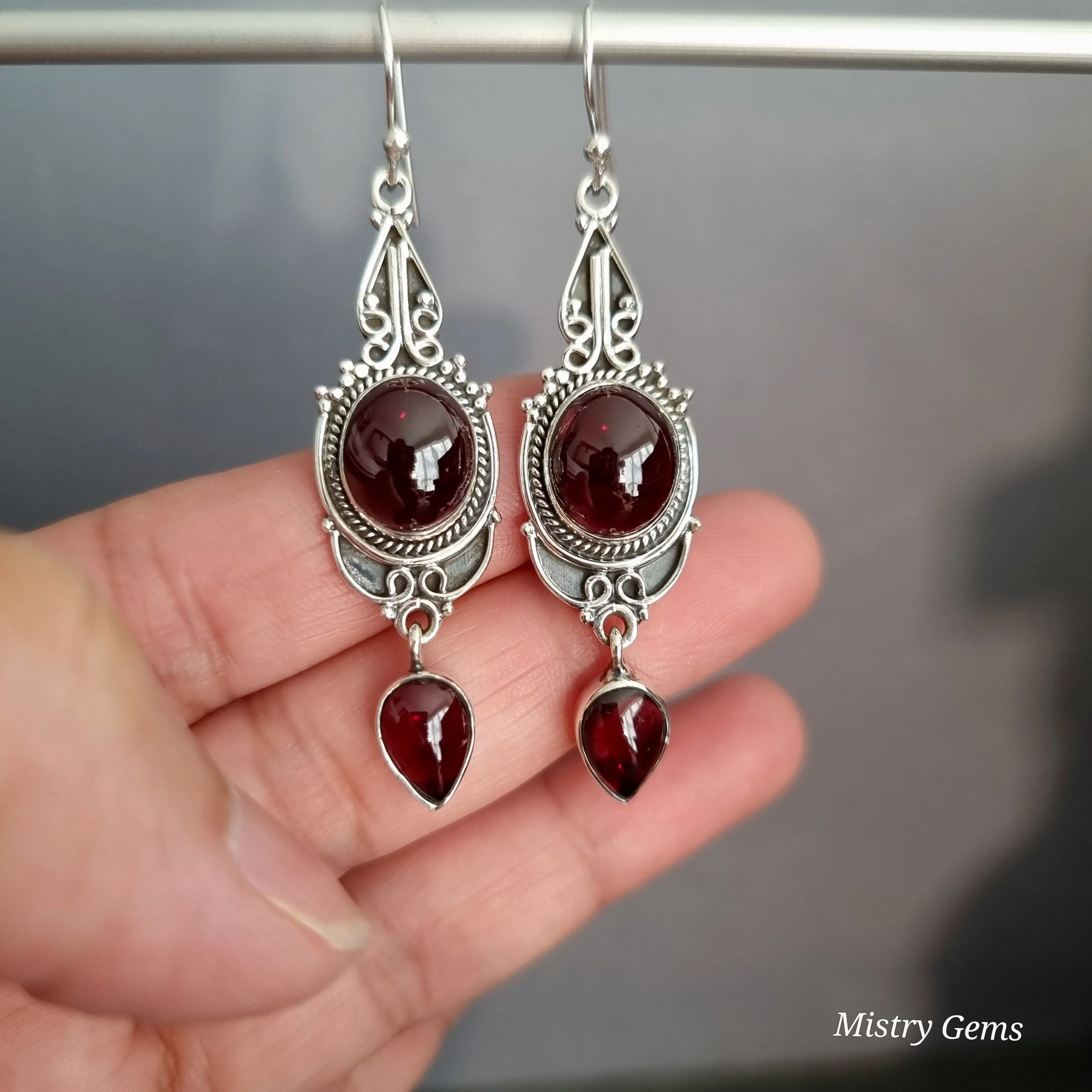 Garnet Long Oxidised 925 Silver Boho Earrings, E38G