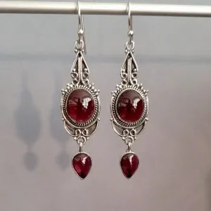 Garnet Long Oxidised 925 Silver Boho Earrings, E38G