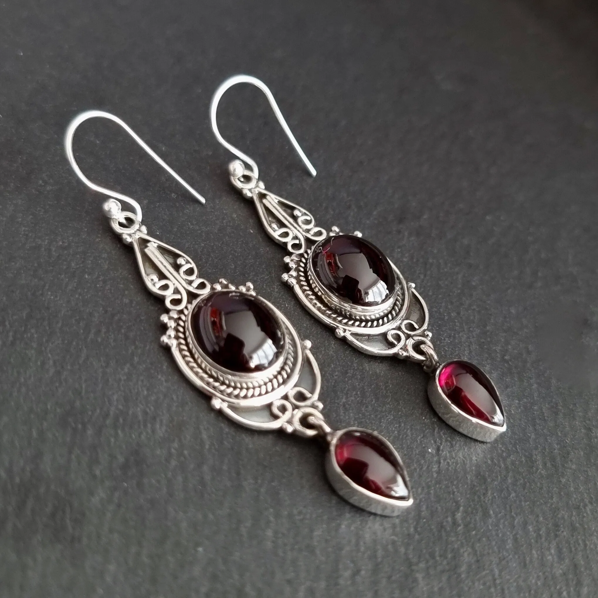 Garnet Long Oxidised 925 Silver Boho Earrings, E38G