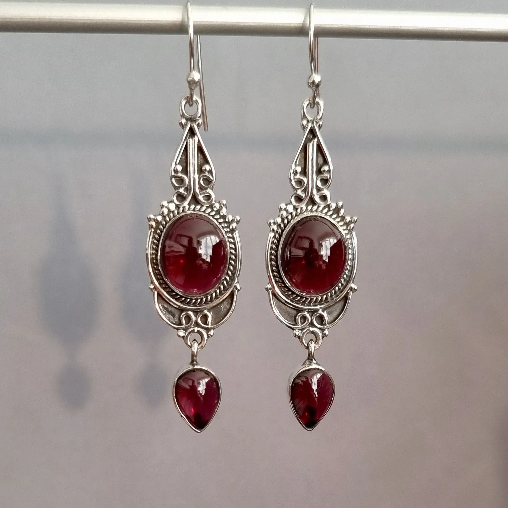 Garnet Long Oxidised 925 Silver Boho Earrings, E38G