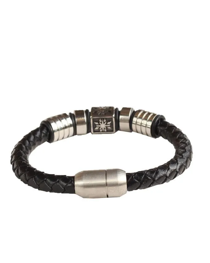 Geniune leather woven plaited bracelet with star on block box head