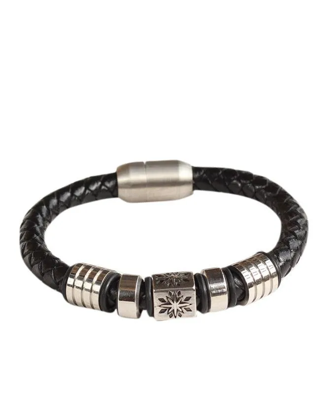 Geniune leather woven plaited bracelet with star on block box head