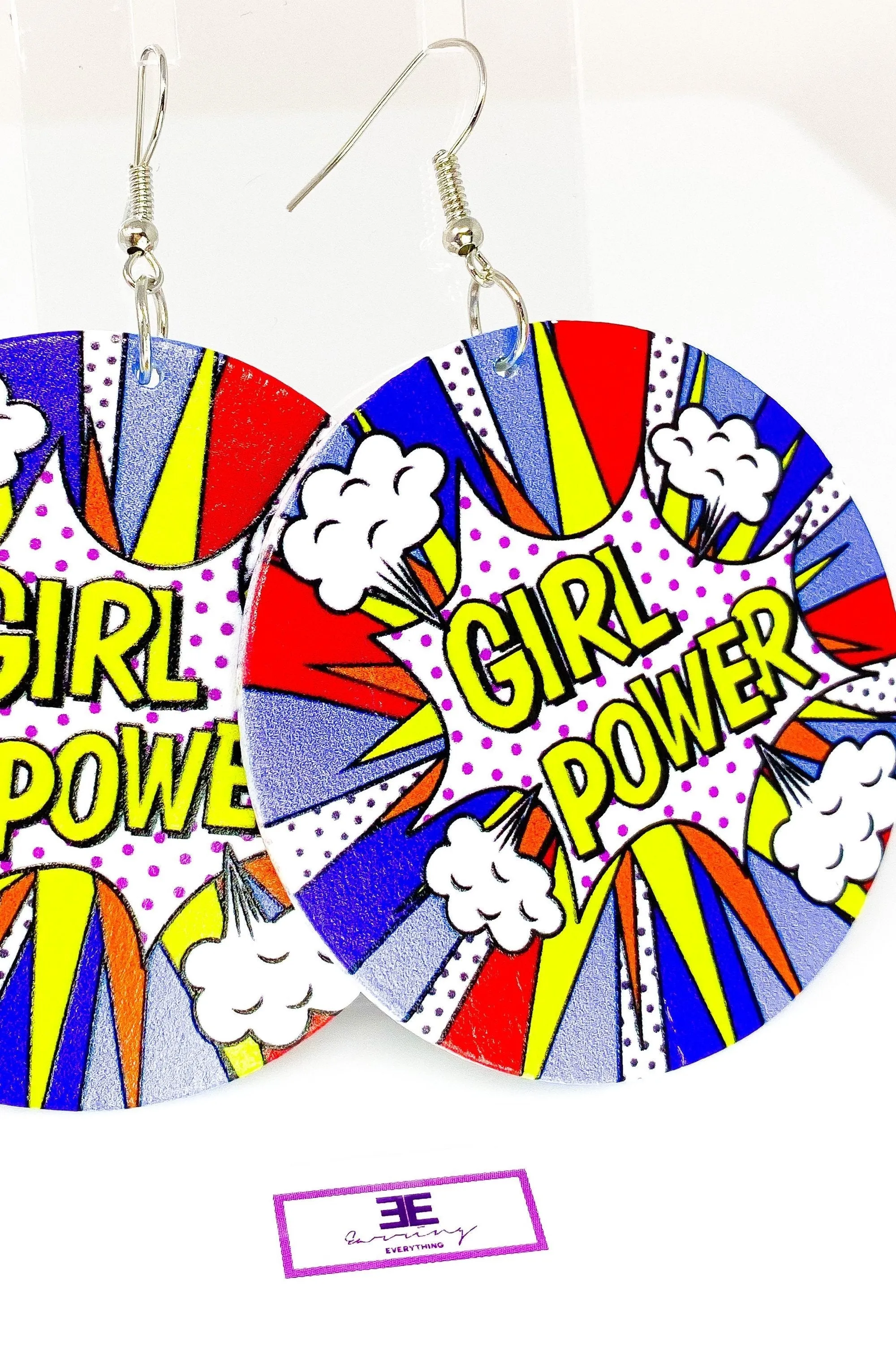 Girl Power Hoop Drop Earrings - Handmade Wood Fashion Jewelry with Brass Ear Hooks and Long-Lasting Polish