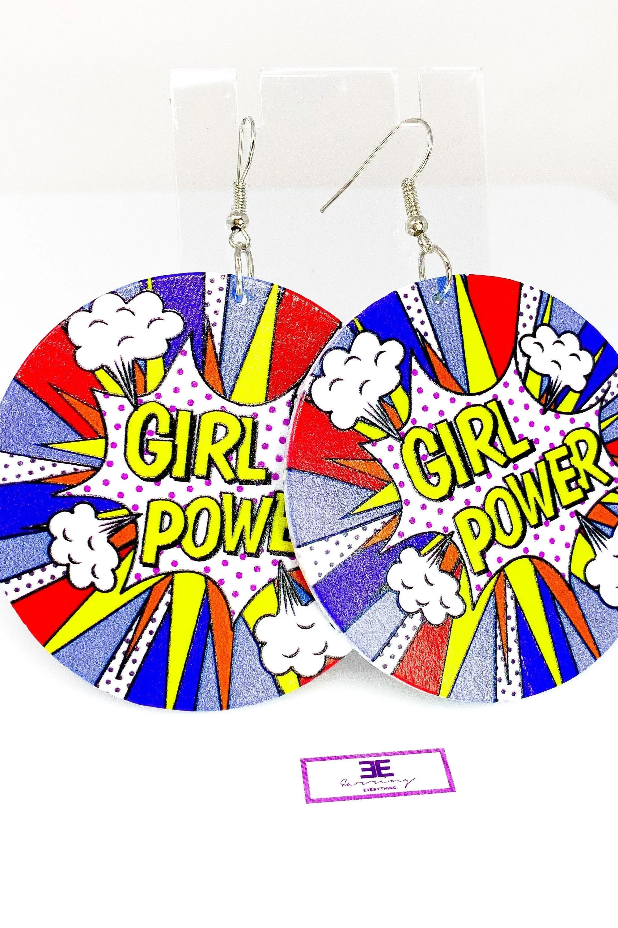 Girl Power Hoop Drop Earrings - Handmade Wood Fashion Jewelry with Brass Ear Hooks and Long-Lasting Polish