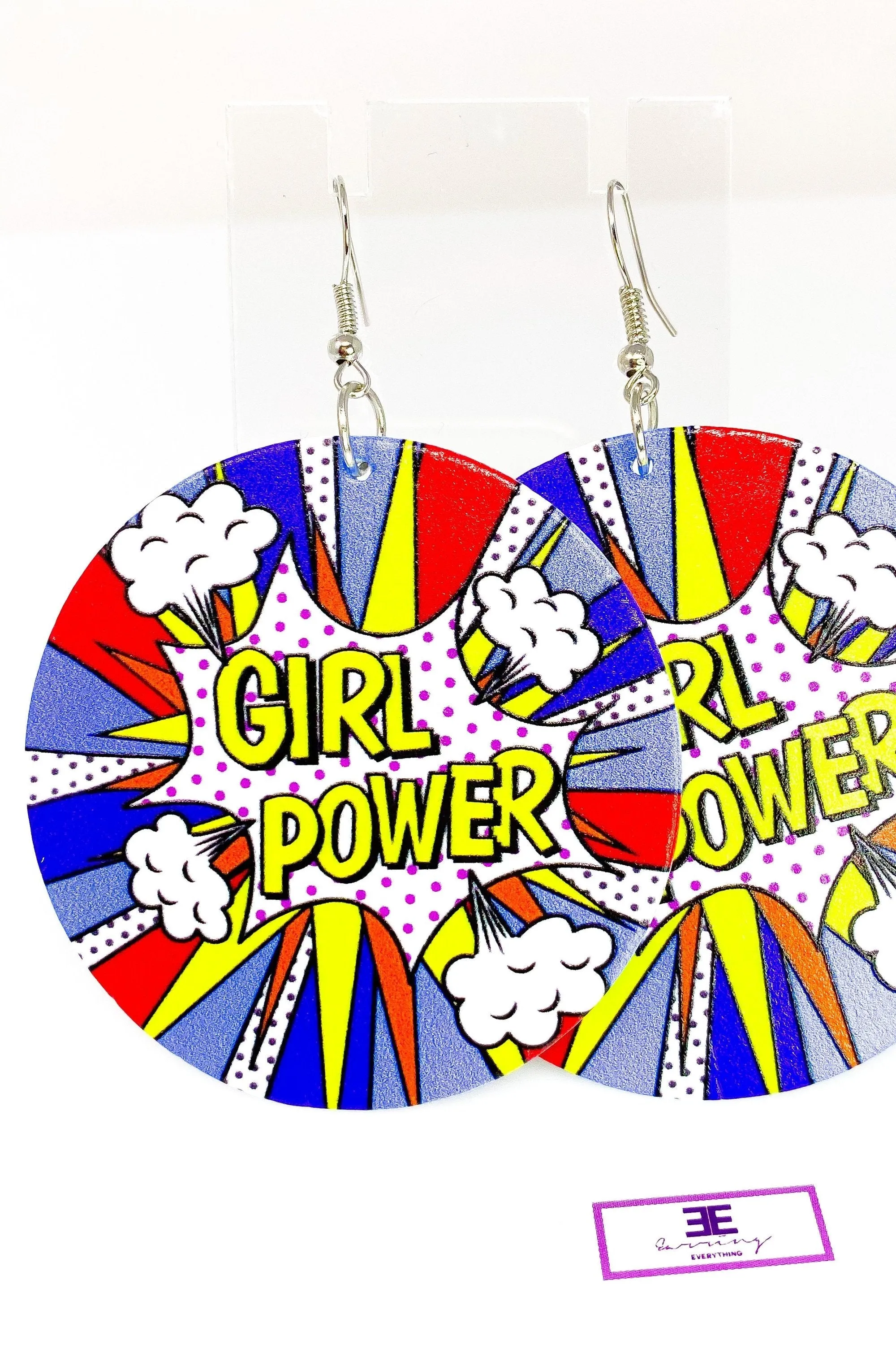 Girl Power Hoop Drop Earrings - Handmade Wood Fashion Jewelry with Brass Ear Hooks and Long-Lasting Polish