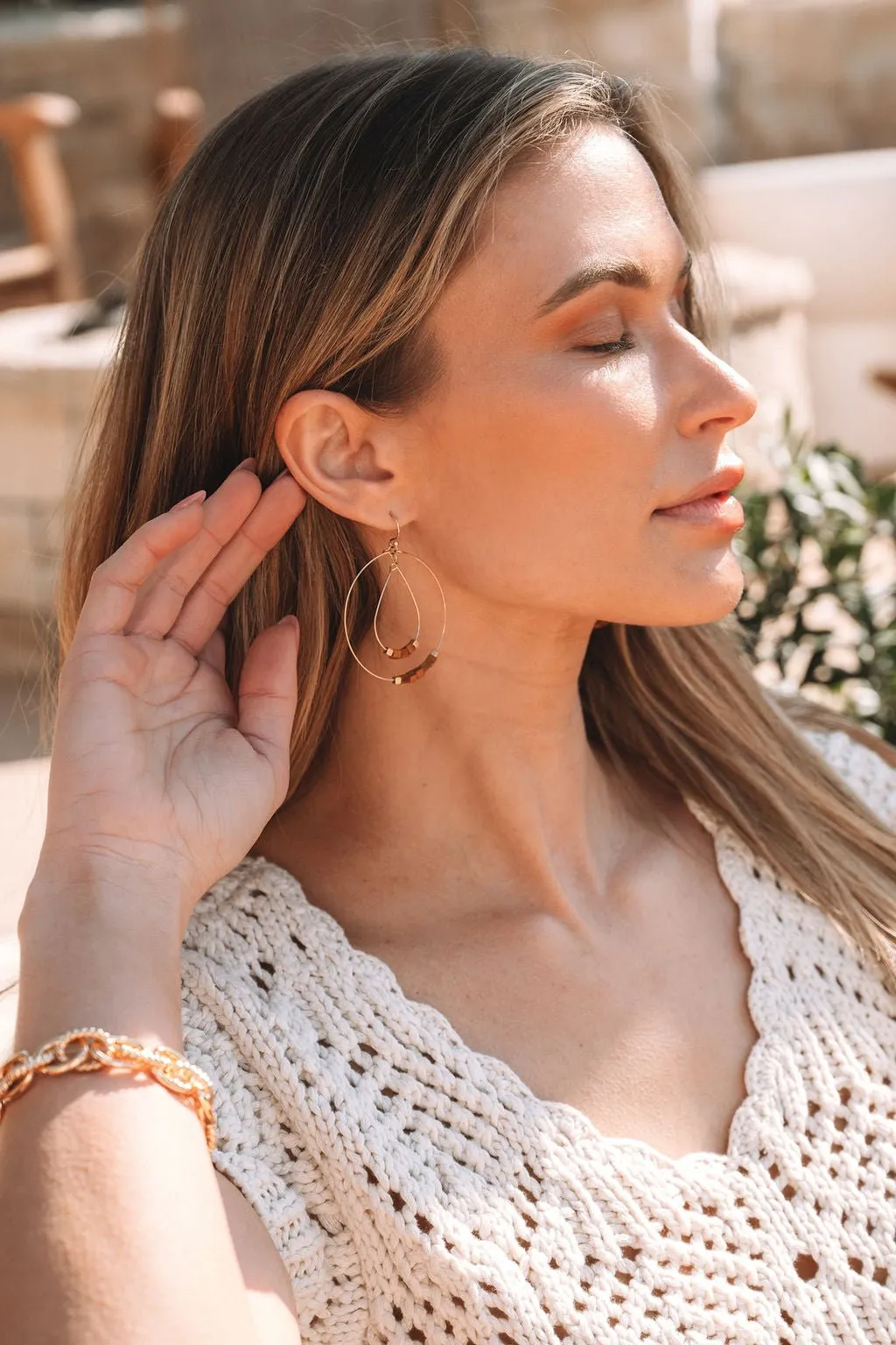 Gold & Brown Wood Beaded Dangle Hoop Earrings
