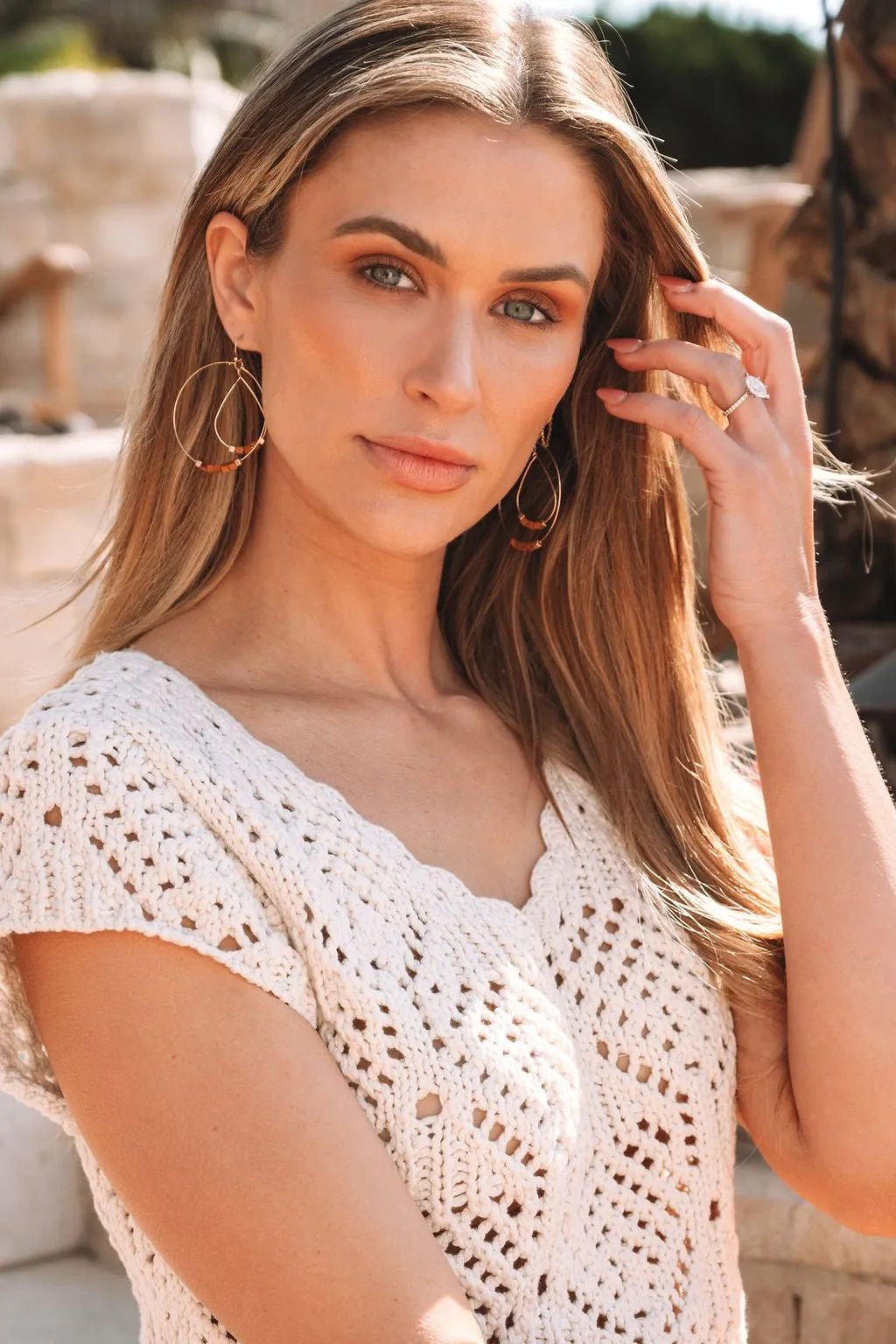 Gold & Brown Wood Beaded Dangle Hoop Earrings