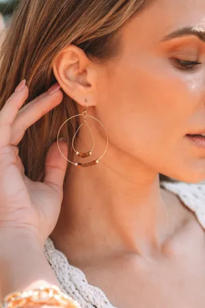 Gold & Brown Wood Beaded Dangle Hoop Earrings