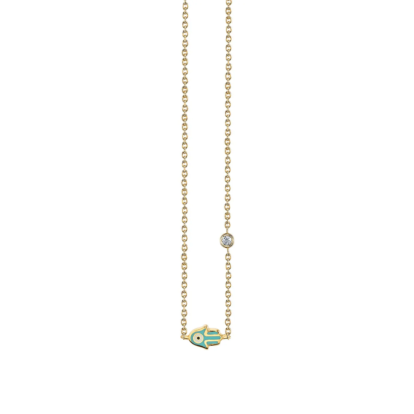 Gold & Turquoise Mini Enamel Hamsa Necklace with Bezel Set Diamond
