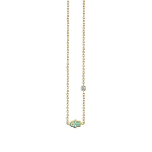 Gold & Turquoise Mini Enamel Hamsa Necklace with Bezel Set Diamond