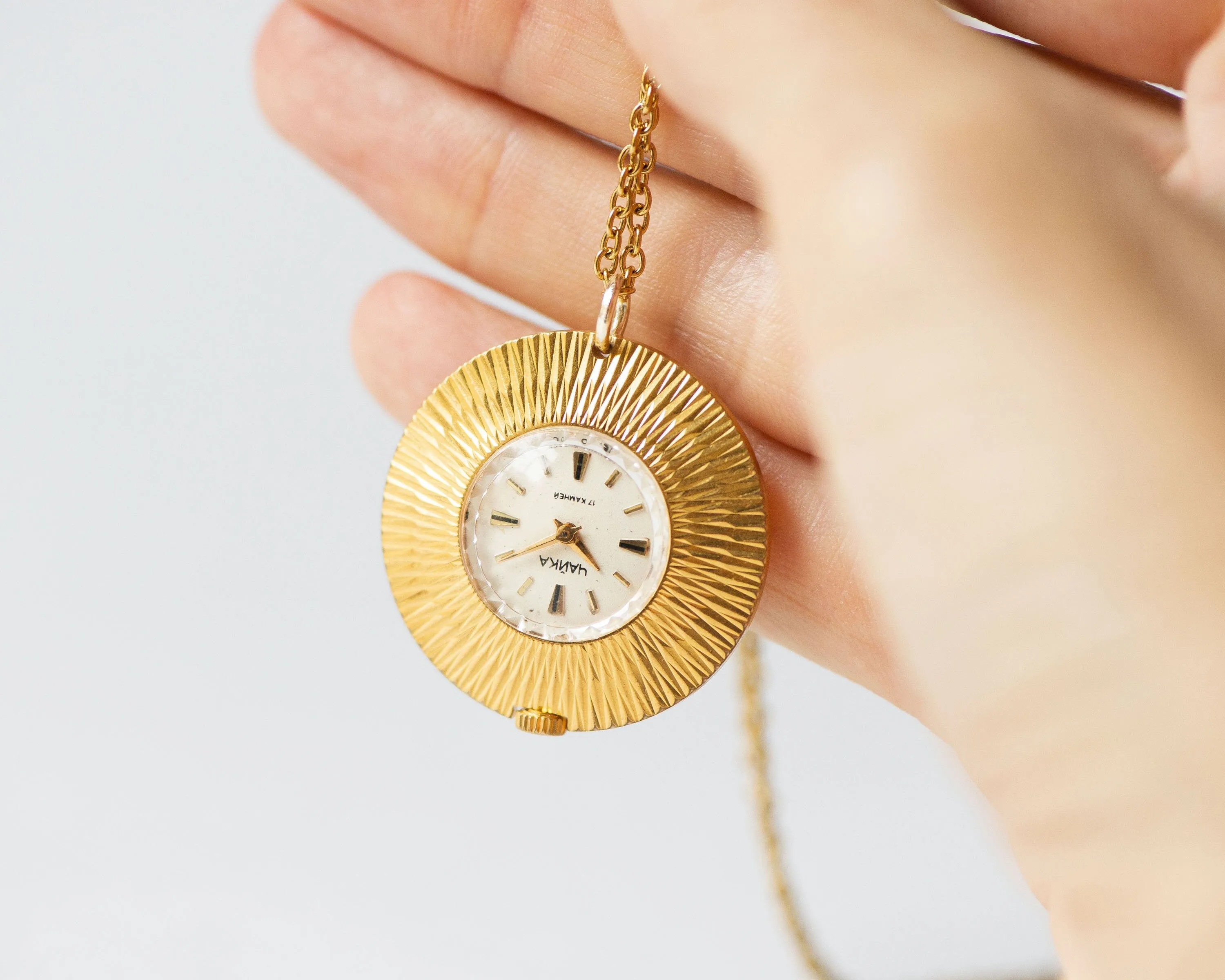 Gold plated lady's watch pendant round sunburst case, necklace women's watch Seagull vintage, lady watch pendant rare design jewelry gift