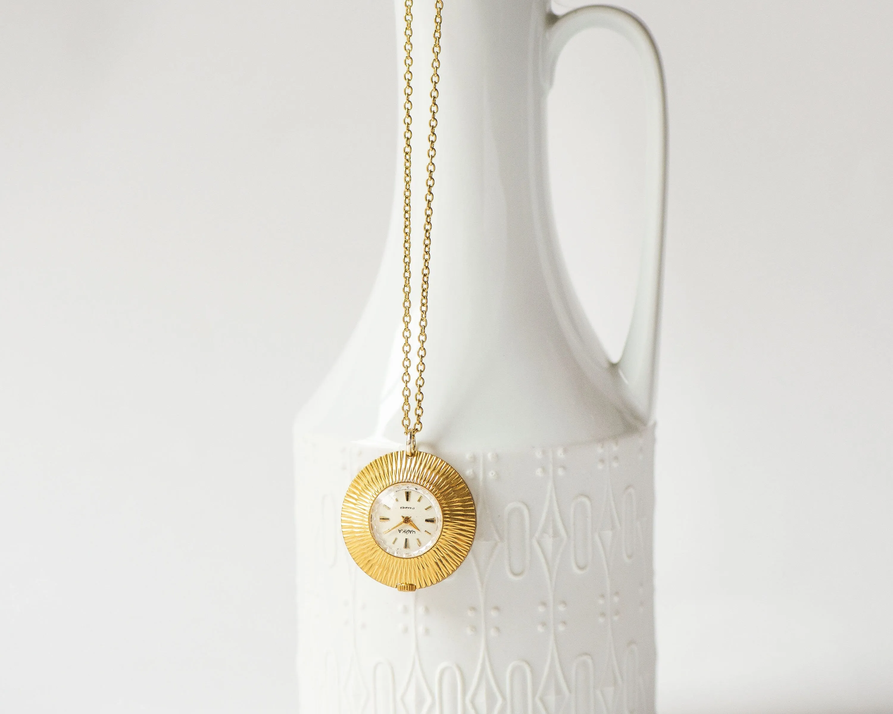 Gold plated lady's watch pendant round sunburst case, necklace women's watch Seagull vintage, lady watch pendant rare design jewelry gift