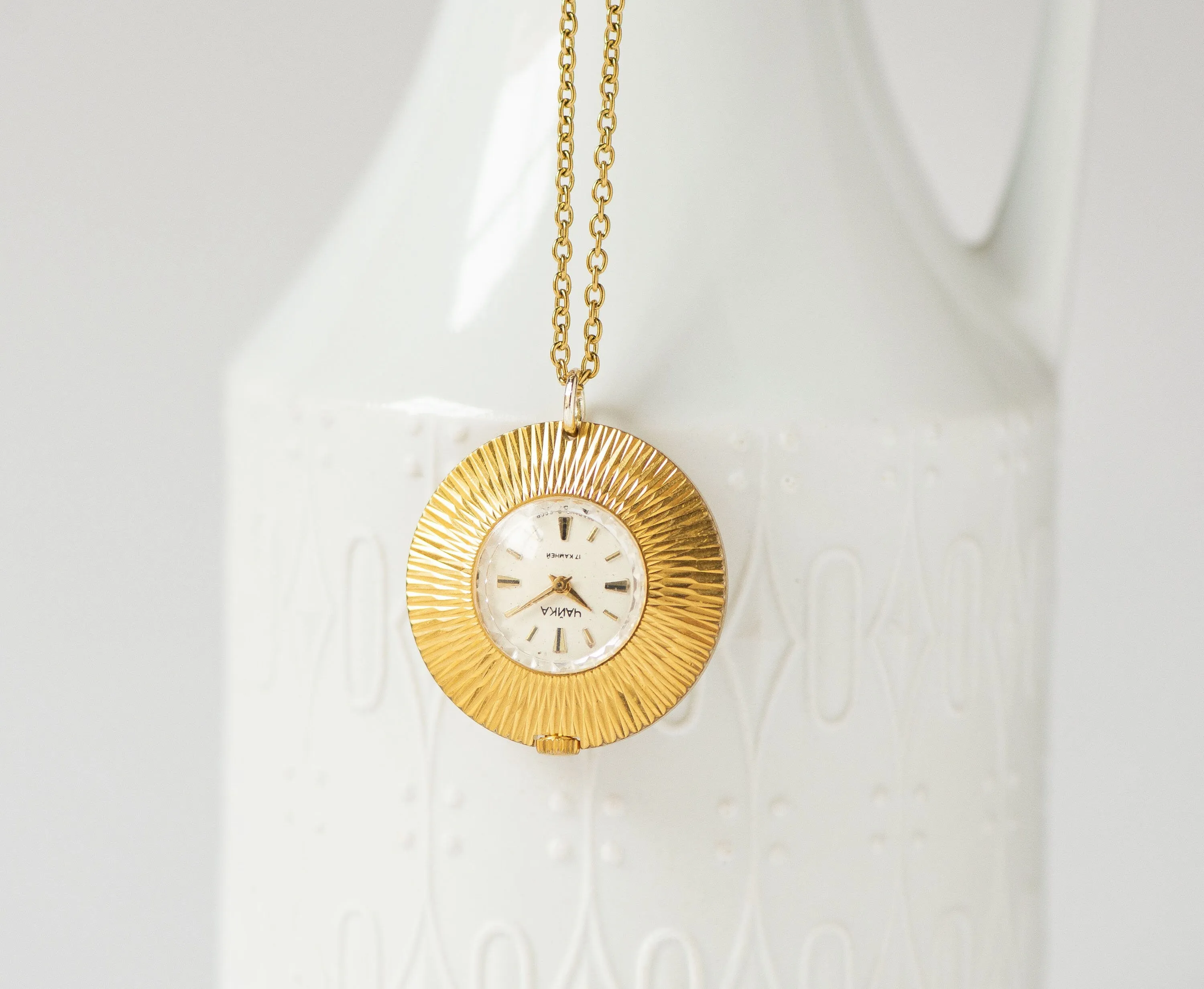 Gold plated lady's watch pendant round sunburst case, necklace women's watch Seagull vintage, lady watch pendant rare design jewelry gift