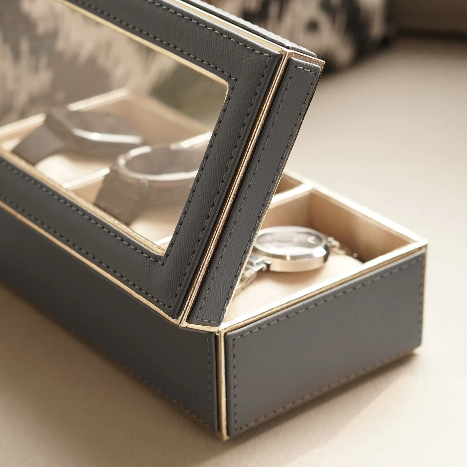 Grey 3 Compartment Faux Leather Watch Box