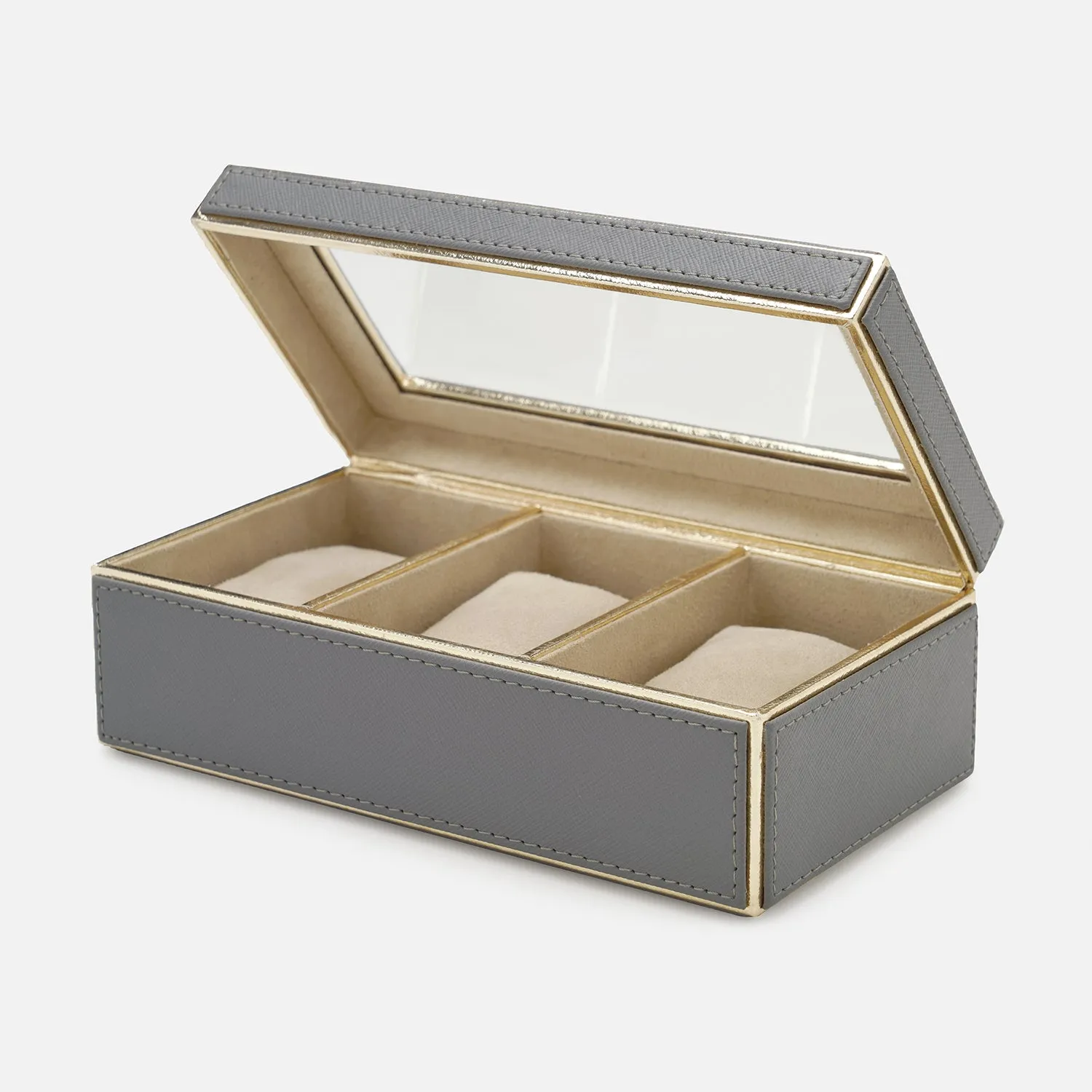 Grey 3 Compartment Faux Leather Watch Box