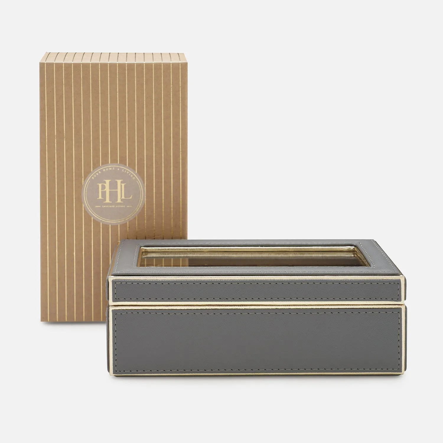 Grey 3 Compartment Faux Leather Watch Box