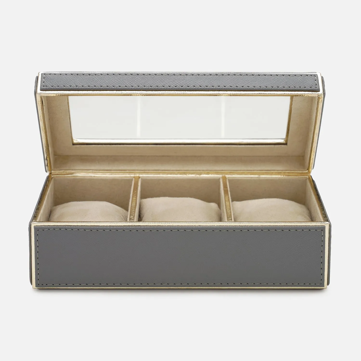 Grey 3 Compartment Faux Leather Watch Box