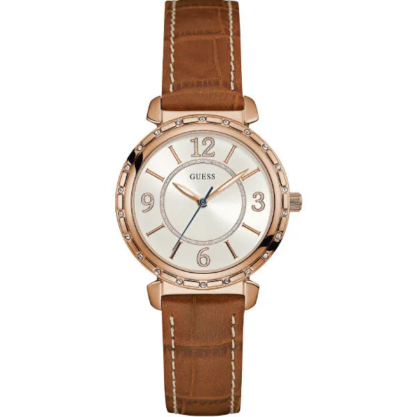 Guess Hampton Brown Leather Strap Silver Dial Quartz Watch for Ladies - W0833L1