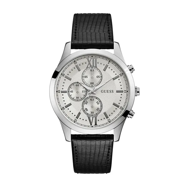 Guess Hudson Black Leather Strap Silver Dial Chronograph Quartz Watch for Gents - W0876G4
