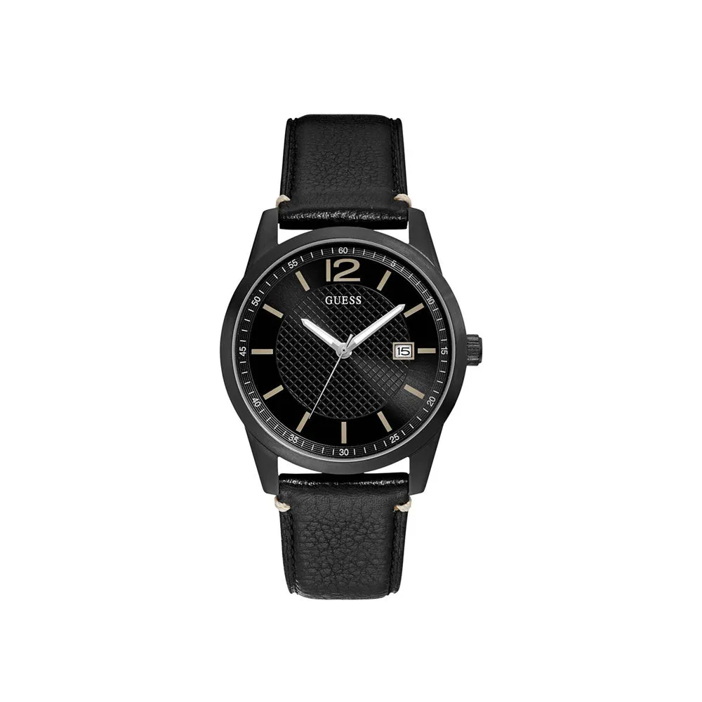 Guess Men's Watch With Black Dial & Black Leather Strap