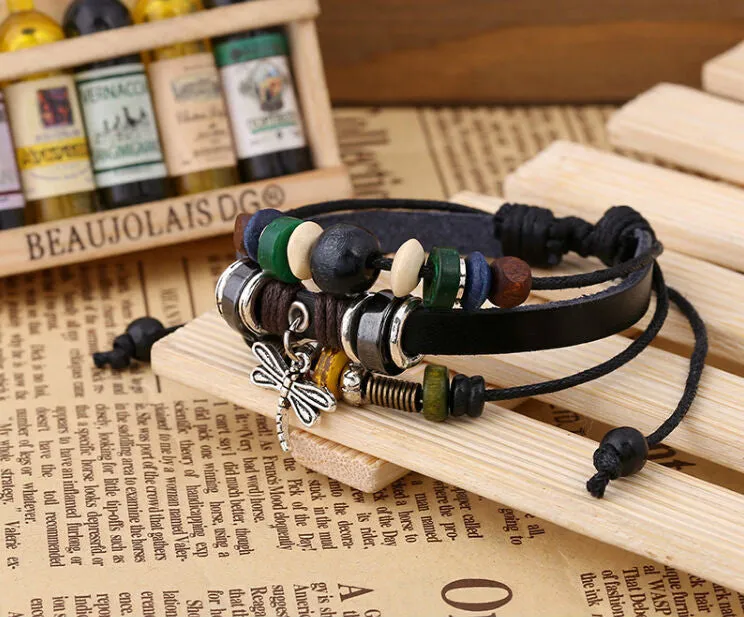 Handmade Dargonfly Insect Charm Leather Adjustable Bracelet Wristband Jewelry Bijouterie Unisex Girls Woman