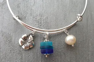 Handmade in Hawaii, "Blue Hawaii" sea glass bracelet, Hibiscus charm,  Sea glass jewelry, Mother's Day Gifts,Hawaiian jewelry.