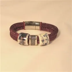 Handmade Maroon Metallic Cord Bracelet with Ceramic Accents