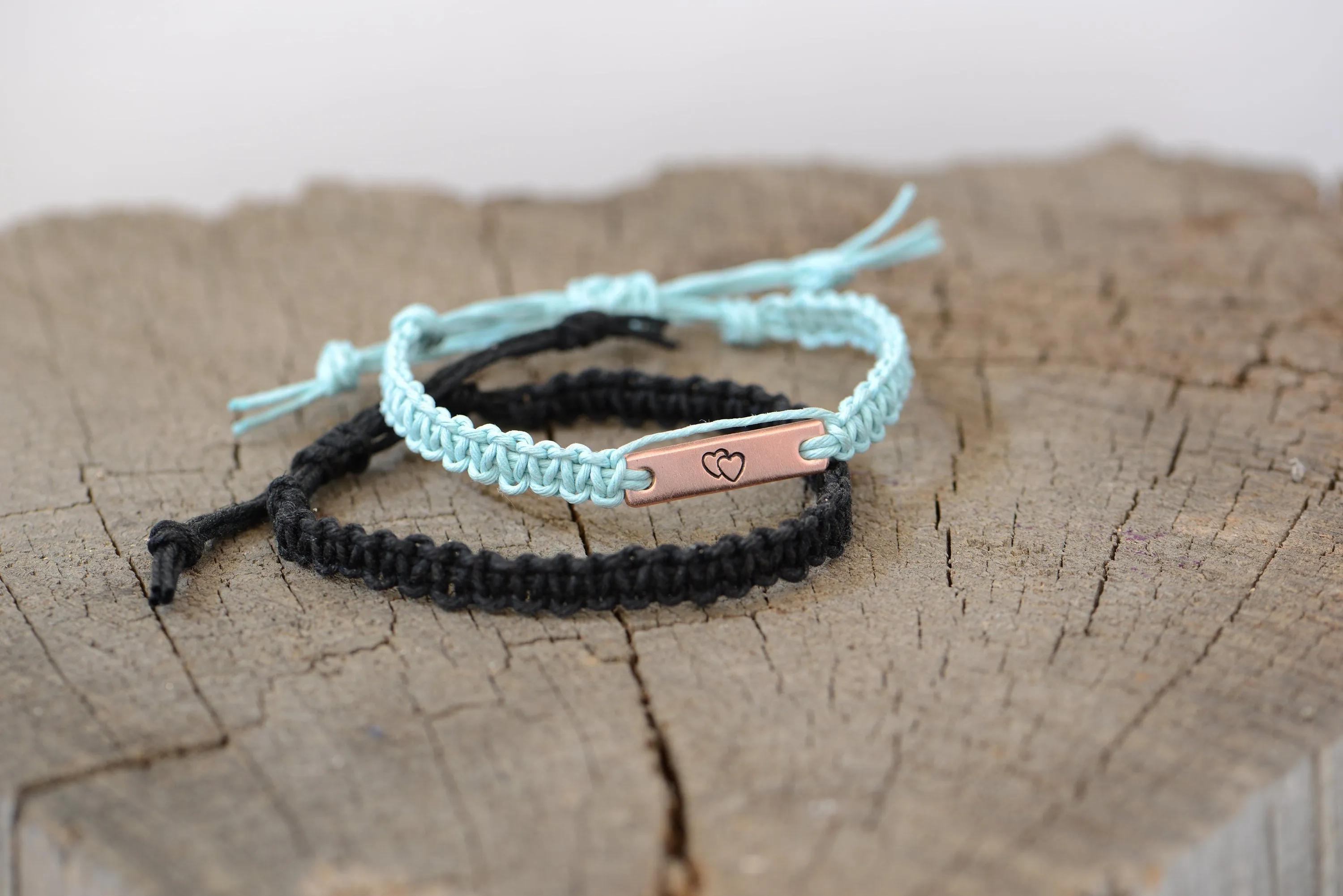 Hemp couples bracelets with heart components
