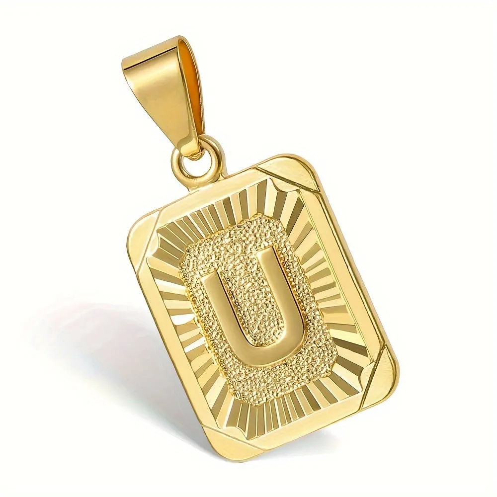 Initial Letter Square Pendant Necklace For Men And Women, 26 Alphabet Options, Simple Style Fashion Jewelry With Cuban Curb Chain