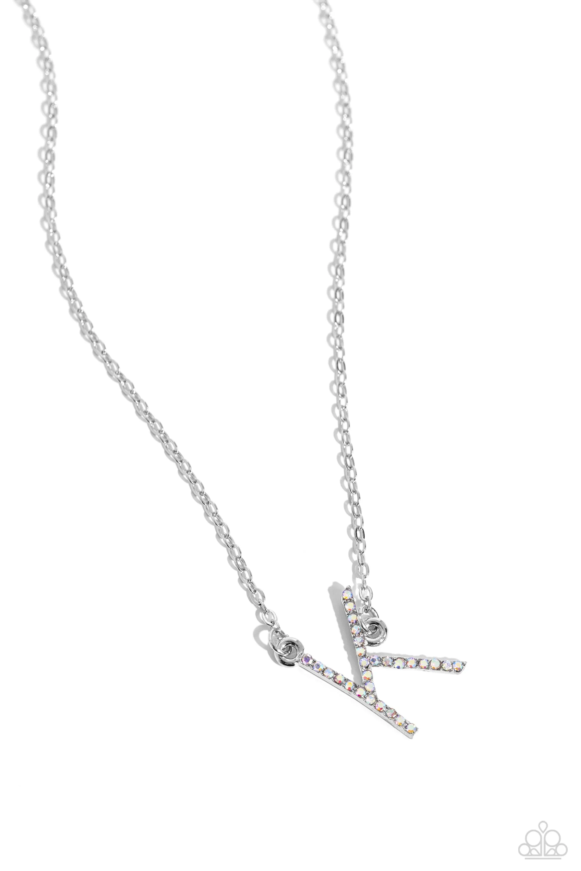 INITIALLY Yours - K - Multi Iridescent Rhinestone Letter Paparazzi Short Necklace
