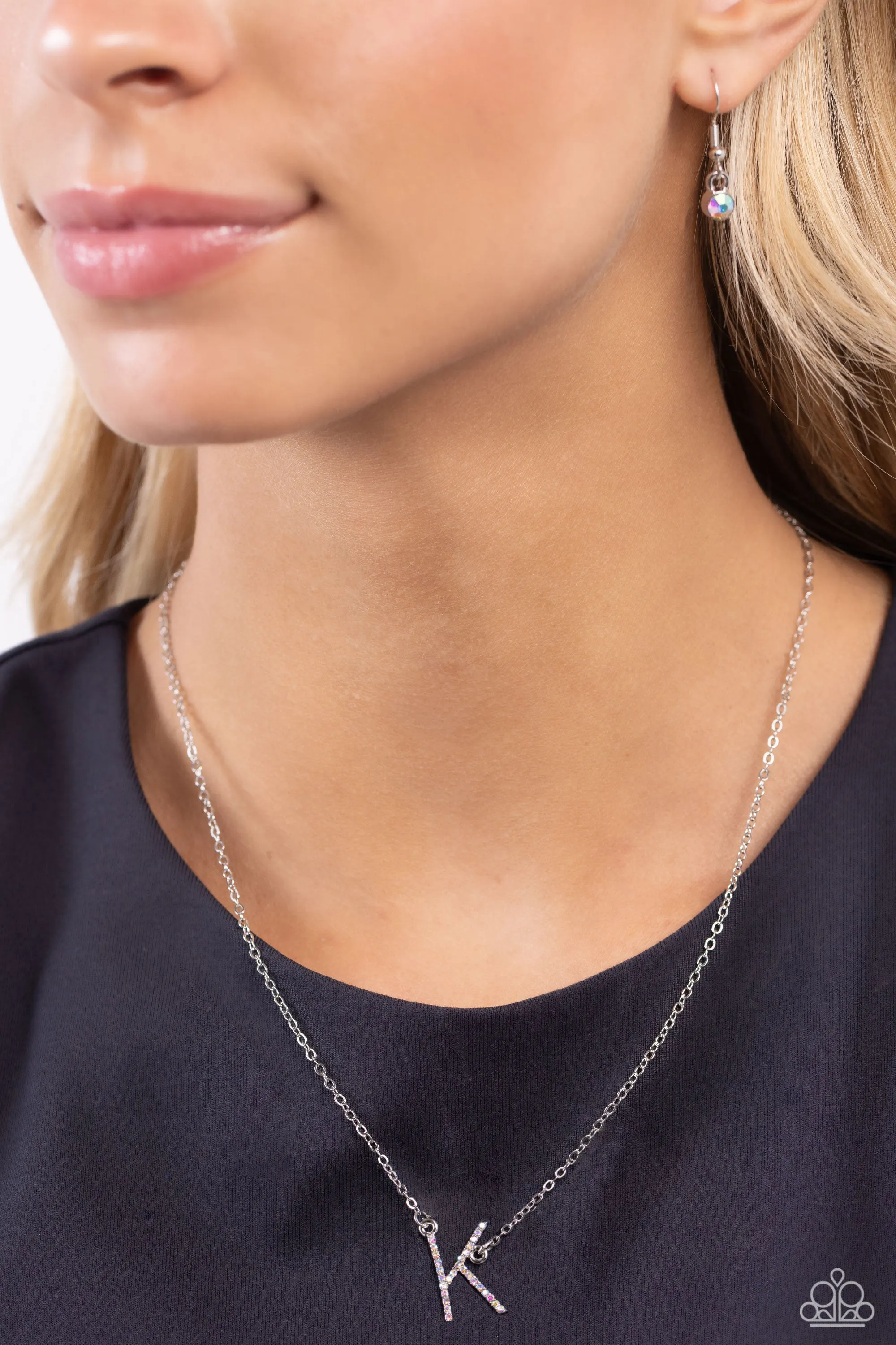INITIALLY Yours - K - Multi Iridescent Rhinestone Letter Paparazzi Short Necklace