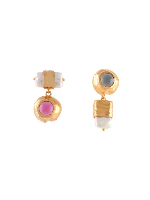 Joanna Constantine Mismatched Earrings w/ Cabochon & Pearl in Gold