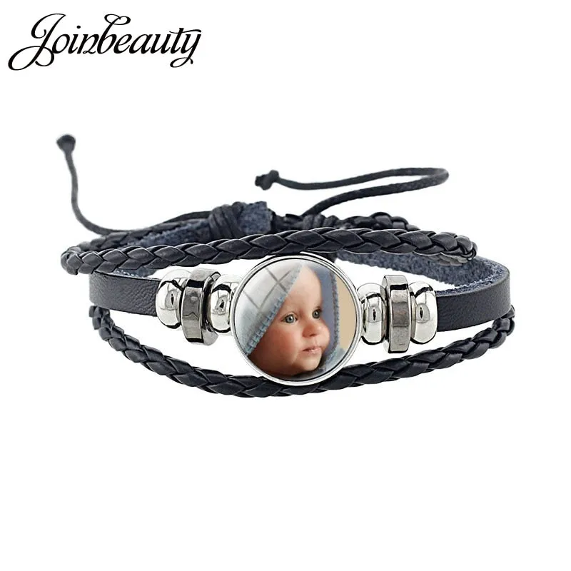 JOINBEAUTY Personalized Photo Multilayer Leather Bracelet Custom Handmade Round Glass Cabochon Girls&Boys Bangle NA01