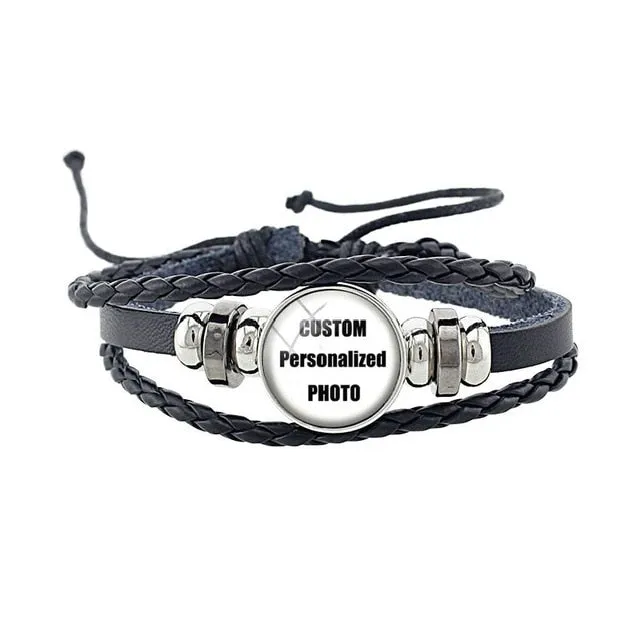 JOINBEAUTY Personalized Photo Multilayer Leather Bracelet Custom Handmade Round Glass Cabochon Girls&Boys Bangle NA01