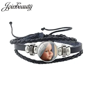 JOINBEAUTY Personalized Photo Multilayer Leather Bracelet Custom Handmade Round Glass Cabochon Girls&Boys Bangle NA01