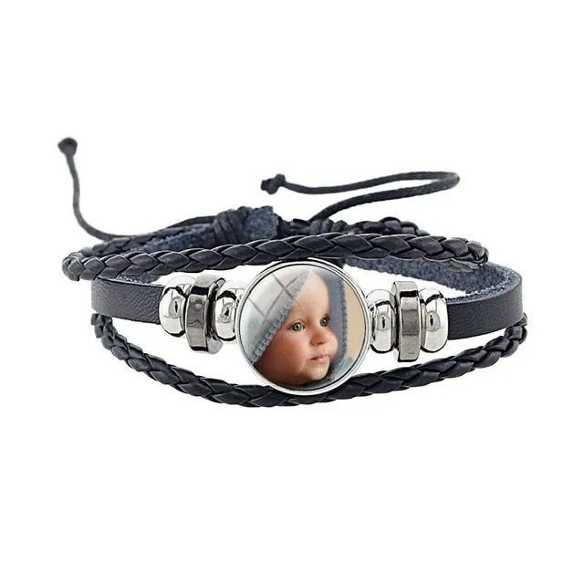 JOINBEAUTY Personalized Photo Multilayer Leather Bracelet Custom Handmade Round Glass Cabochon Girls&Boys Bangle NA01
