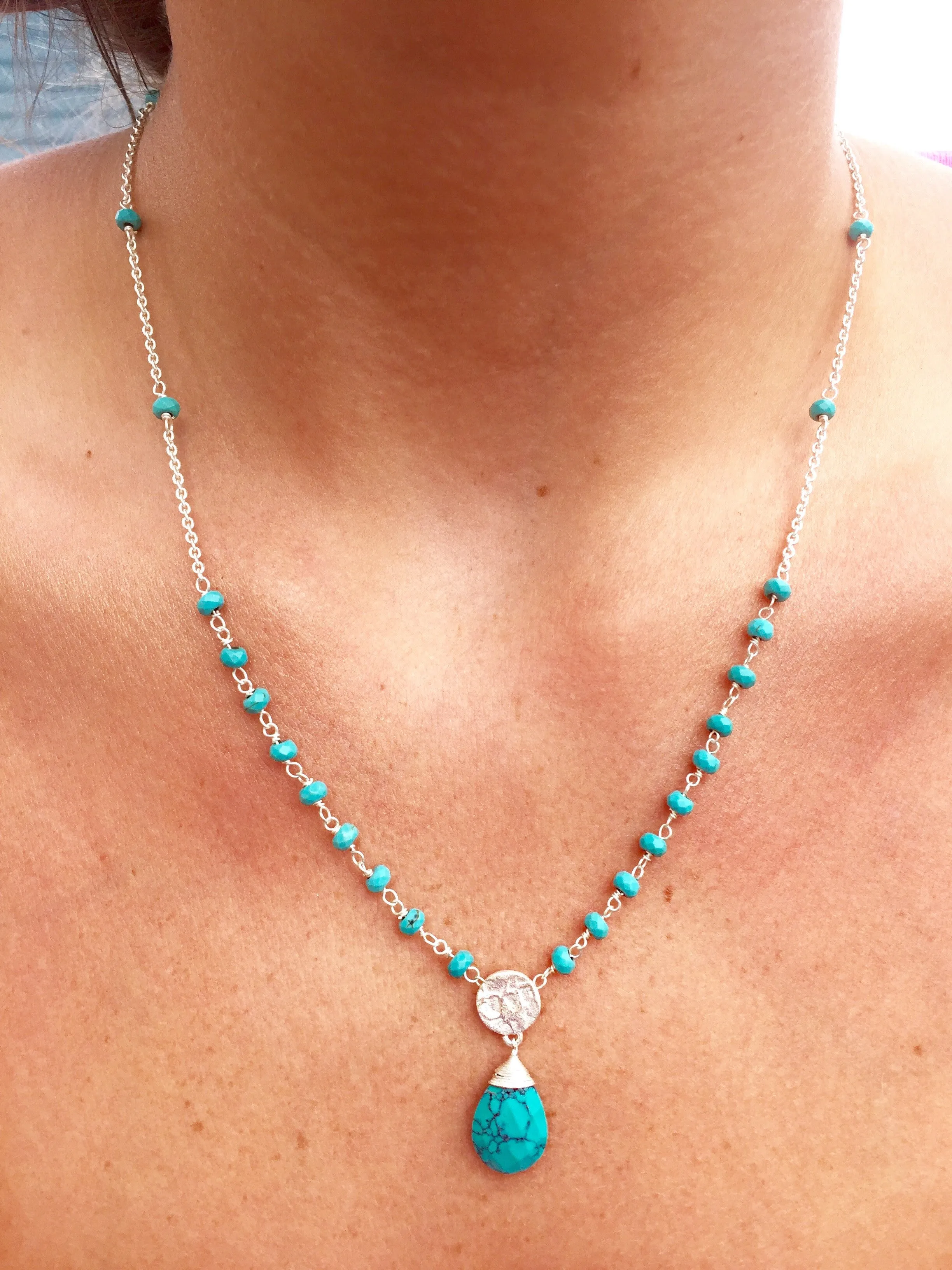 'Kate' Athena Semi Precious Drop Stone Necklace in Silver Turquoise