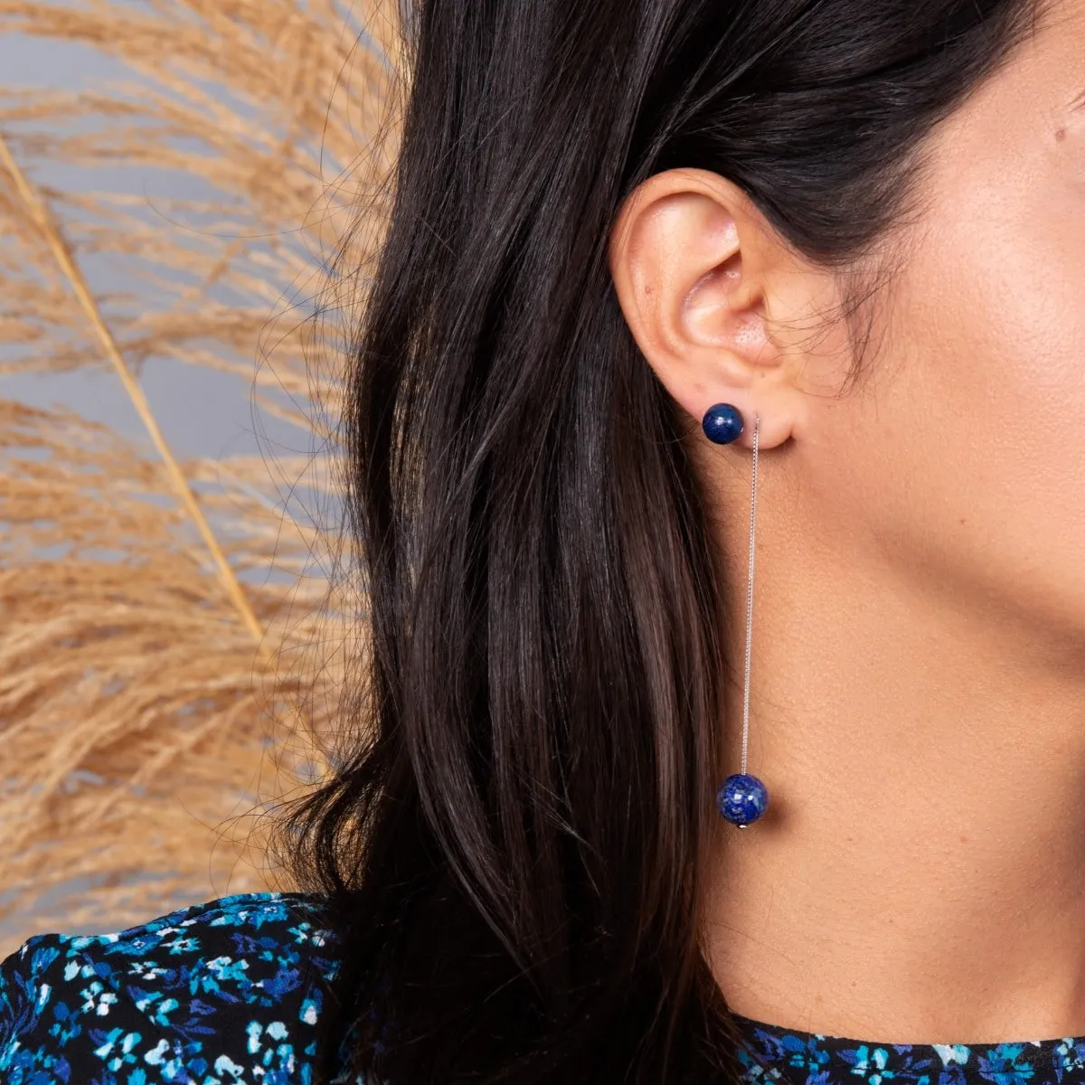 Lapis | .925 Sterling Silver | Chain Drop Threader Gemstone Earrings