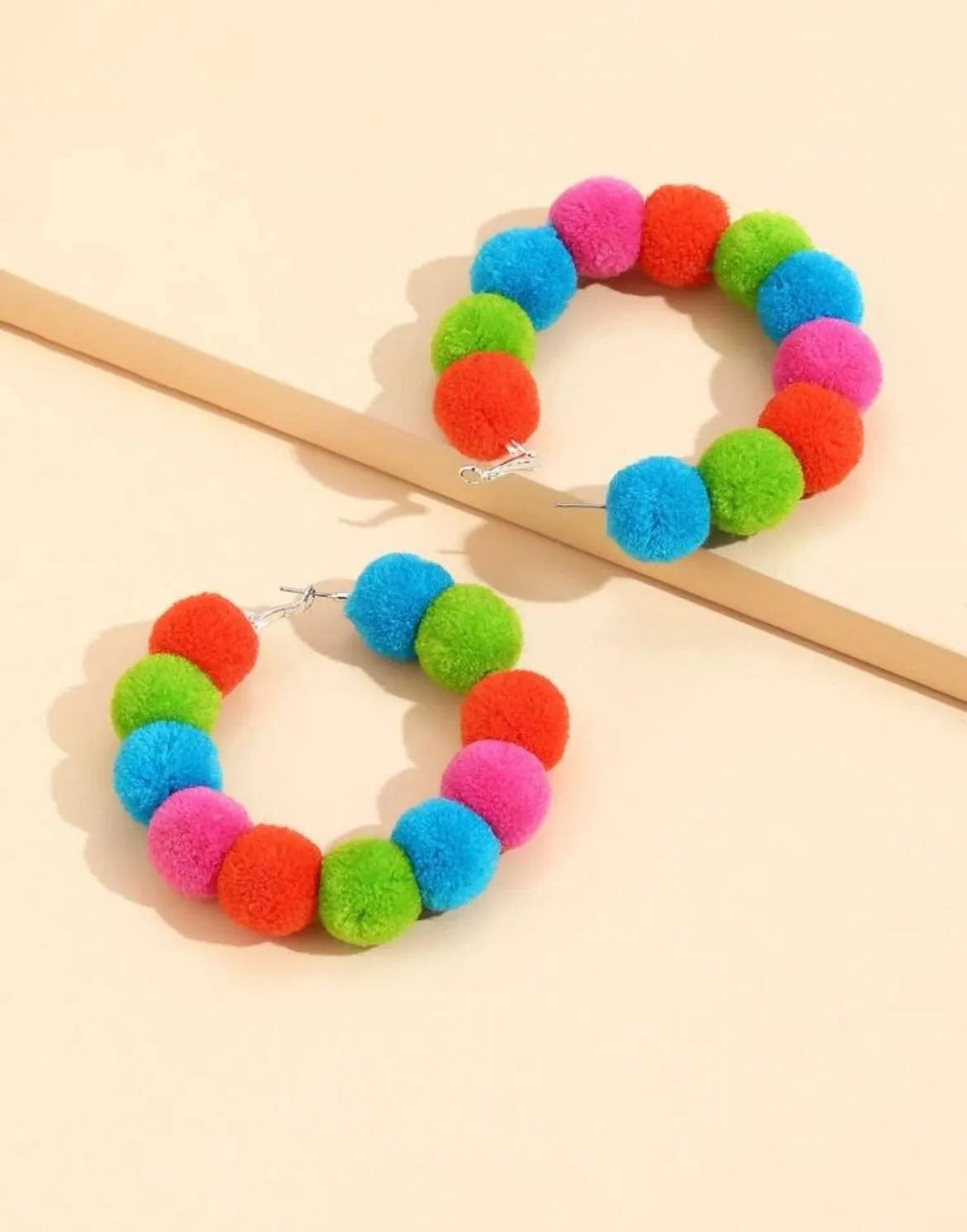 Large colorful earrings , Big multicolored hoops , big green blue pink hoop earrings , chunky rainbow hoop earring Pom pom