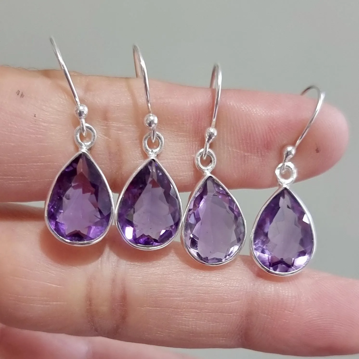 Large Teardrop Facetted Amethyst 925 Silver Dangle Earrings, E11AF