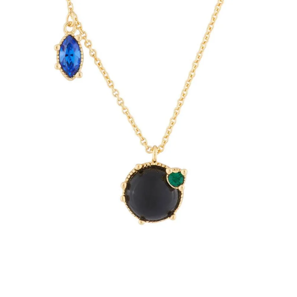 Les Nereides,Onyx And Asymetrical Rhinestones Thin Necklace,One Size