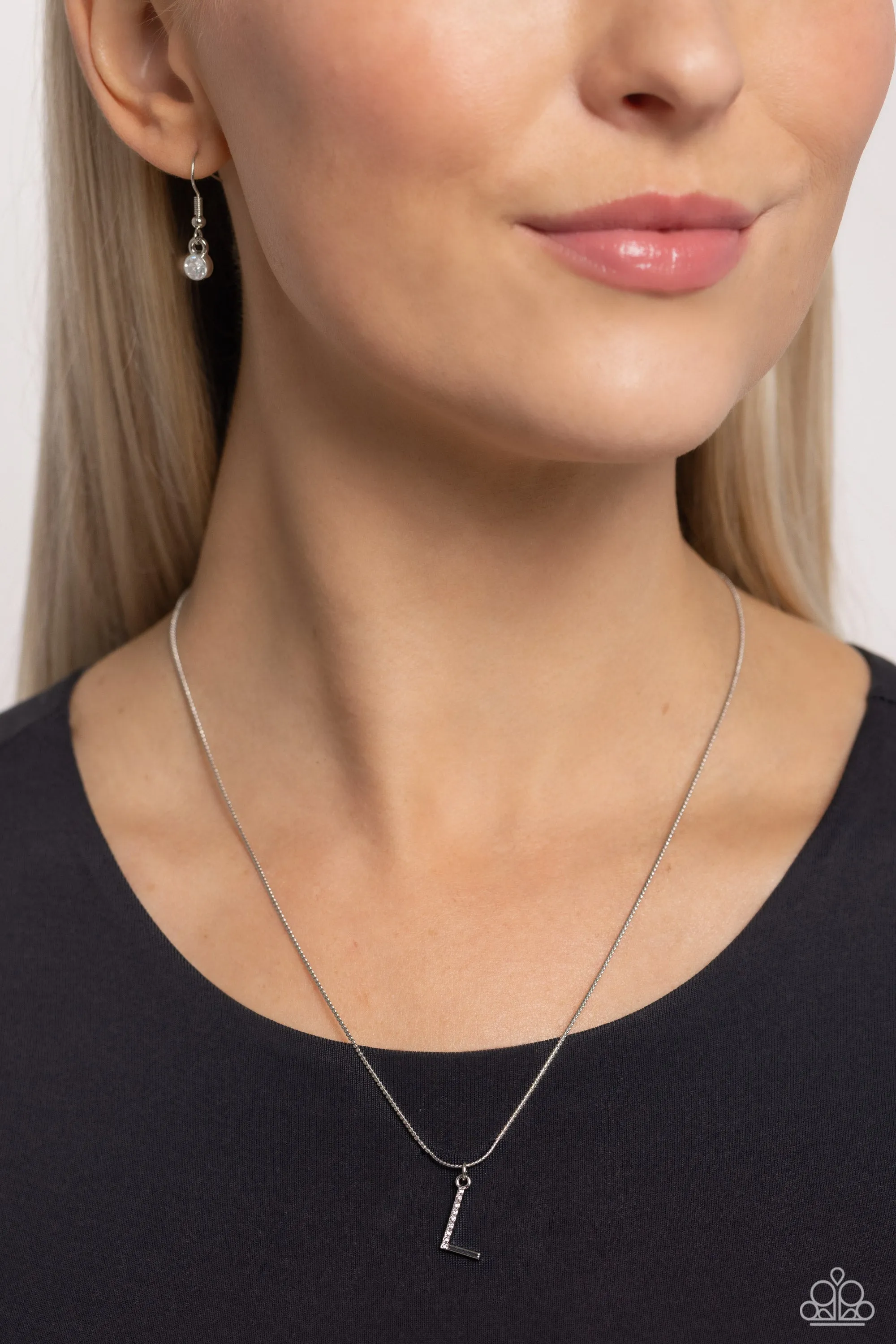 Letter of the Law - L - White Rhinestone Silver Initial Paparazzi Short Necklace