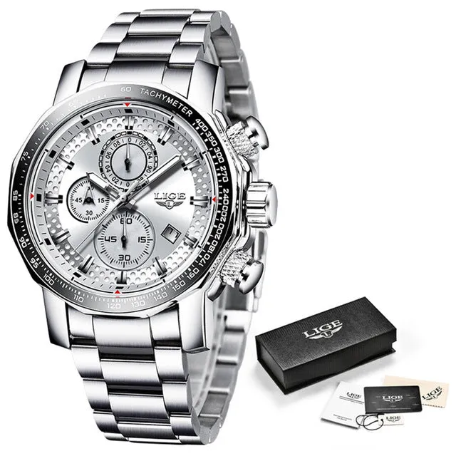 LIGE Watches Men Luxury Chronograph Stainless Steel Large Dial Quartz Men Watch Casual Sport Waterproof Watch Relogio Masculino