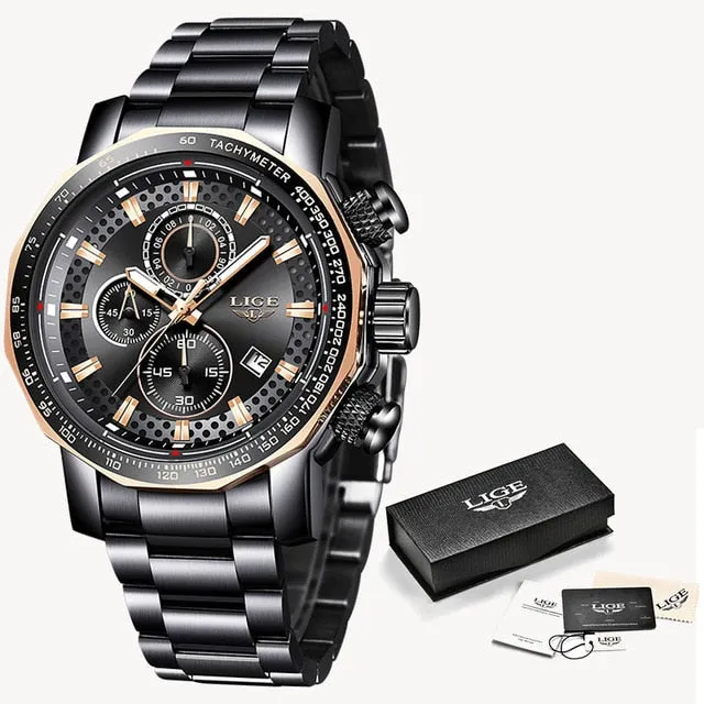 LIGE Watches Men Luxury Chronograph Stainless Steel Large Dial Quartz Men Watch Casual Sport Waterproof Watch Relogio Masculino