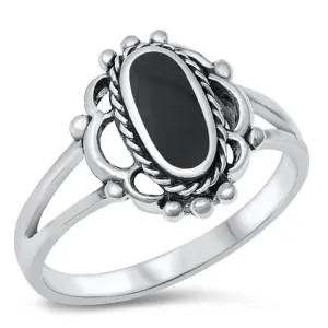 Long Oval Black Onyx Bali Bead Ring New .925 Sterling Silver Band Sizes 5-10