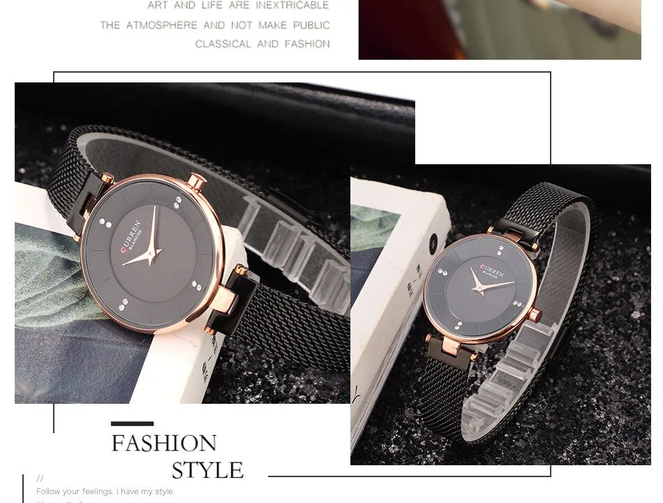 Luxury Brand CURREN Fashion Ladies Watches Rose Gold Mesh Belt Quartz Women Watch Minimalism Rhinestone Female Waterproof Clock