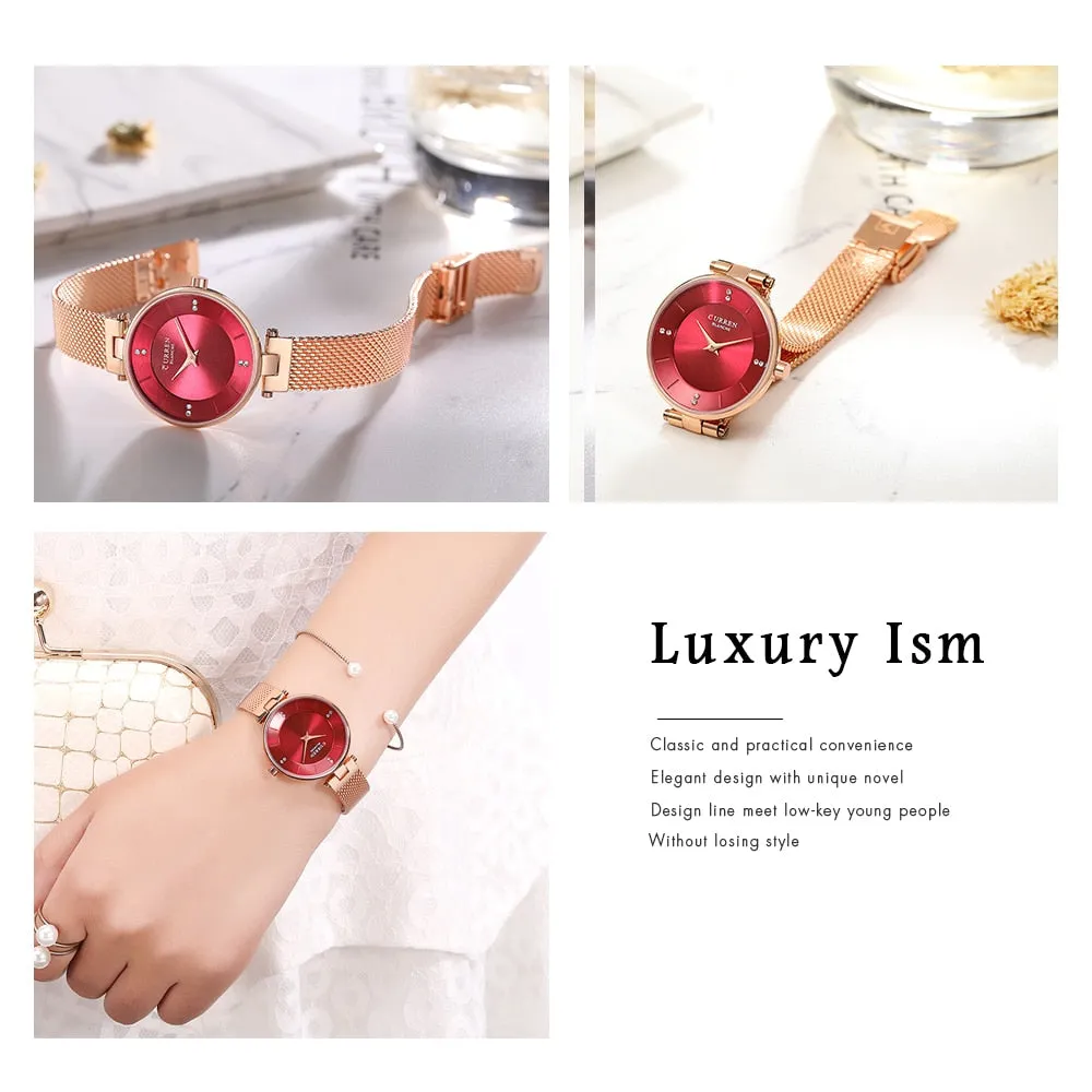 Luxury Brand CURREN Fashion Ladies Watches Rose Gold Mesh Belt Quartz Women Watch Minimalism Rhinestone Female Waterproof Clock