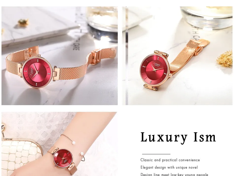 Luxury Brand CURREN Fashion Ladies Watches Rose Gold Mesh Belt Quartz Women Watch Minimalism Rhinestone Female Waterproof Clock