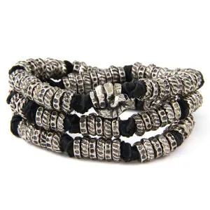 Mens Double Silver Faceted Bead Mens Bracelet on Brown Leather